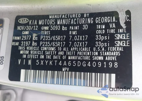 2013 Kia Sorento Lx z USA, uszkodzony, nr VIN 5XYKT4A65DG409198